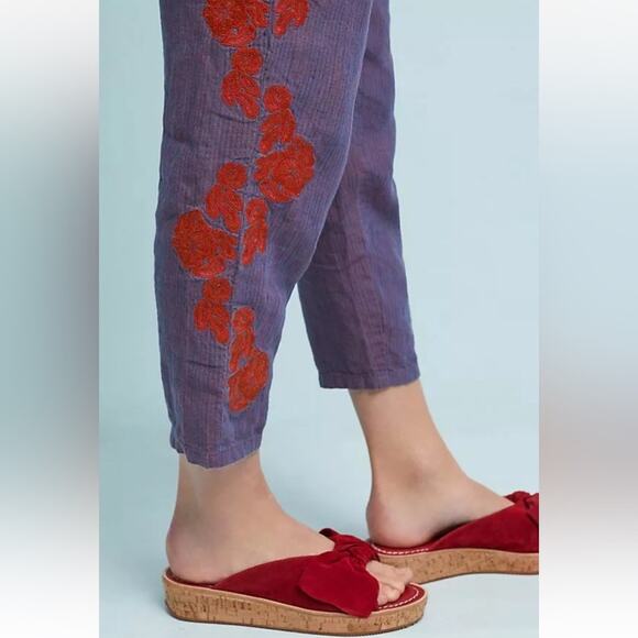 Anthropologie Embroidered Linen Pull On Pants Purple/Orange Size XS Artsy Boho - Picture 5 of 15
